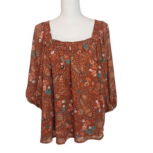 Francesca's Mi Ami Paisley Top Size XL Brown Feminine Bohemian Peasant Hippie - Picture 1 of 12